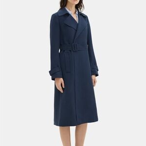 Theory Oaklane O Mid Length Navy Cotton Gab Trench Coat Small $695